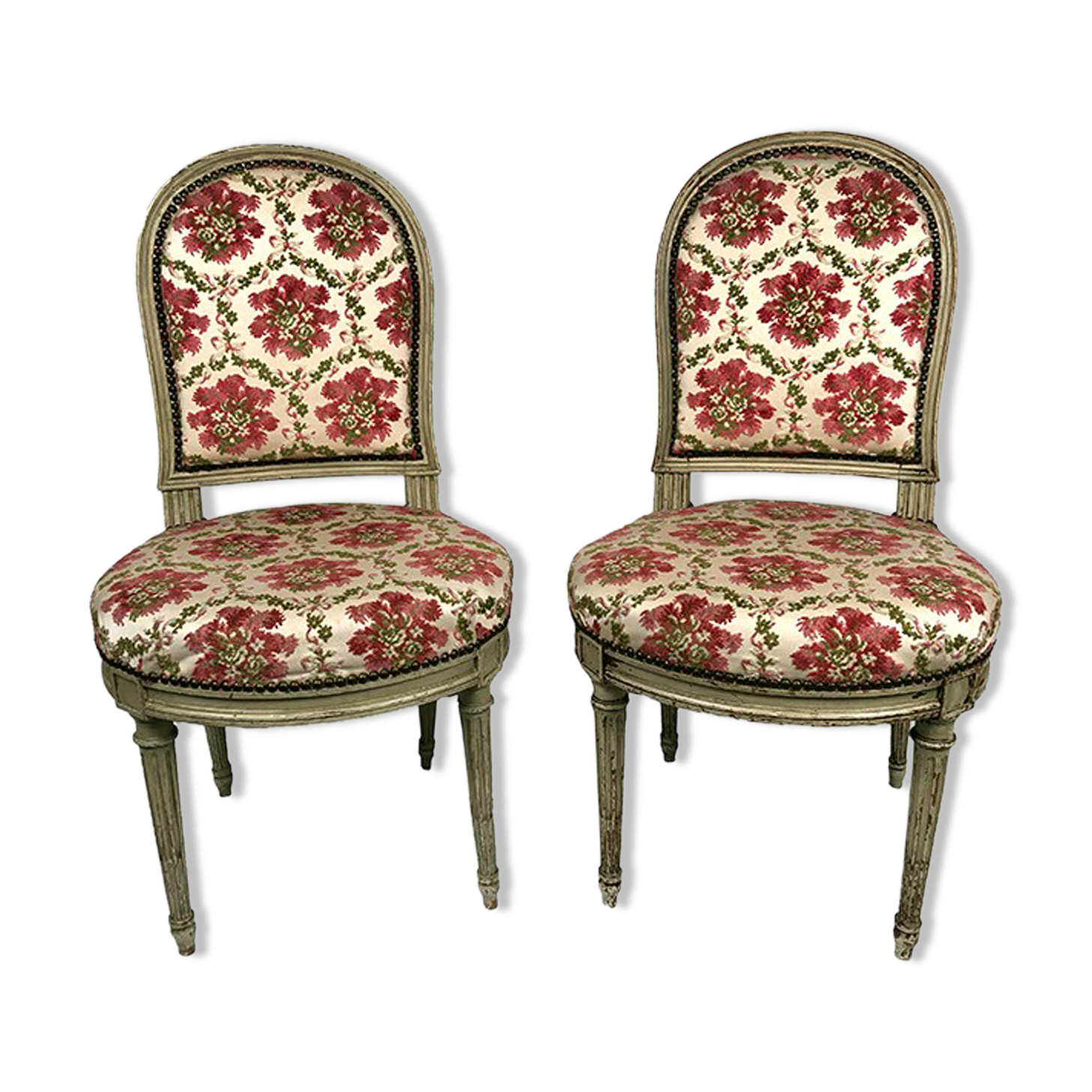 Pair of Louis XVI style chairs, molded beech, gray lacquered. Nineteenth