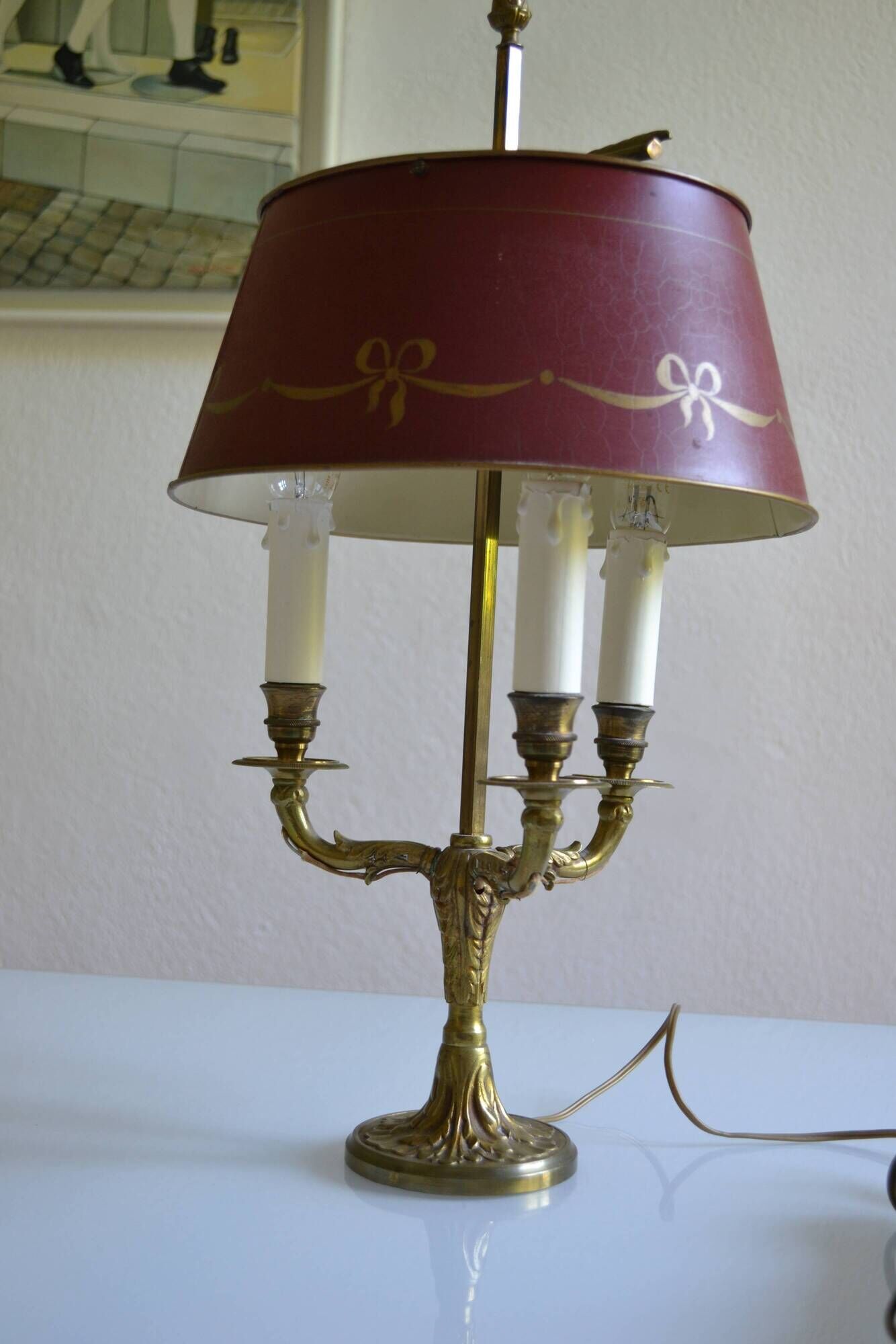 Lampe bouillotte 3 feux bronze et abat jour tôle bordeaux
