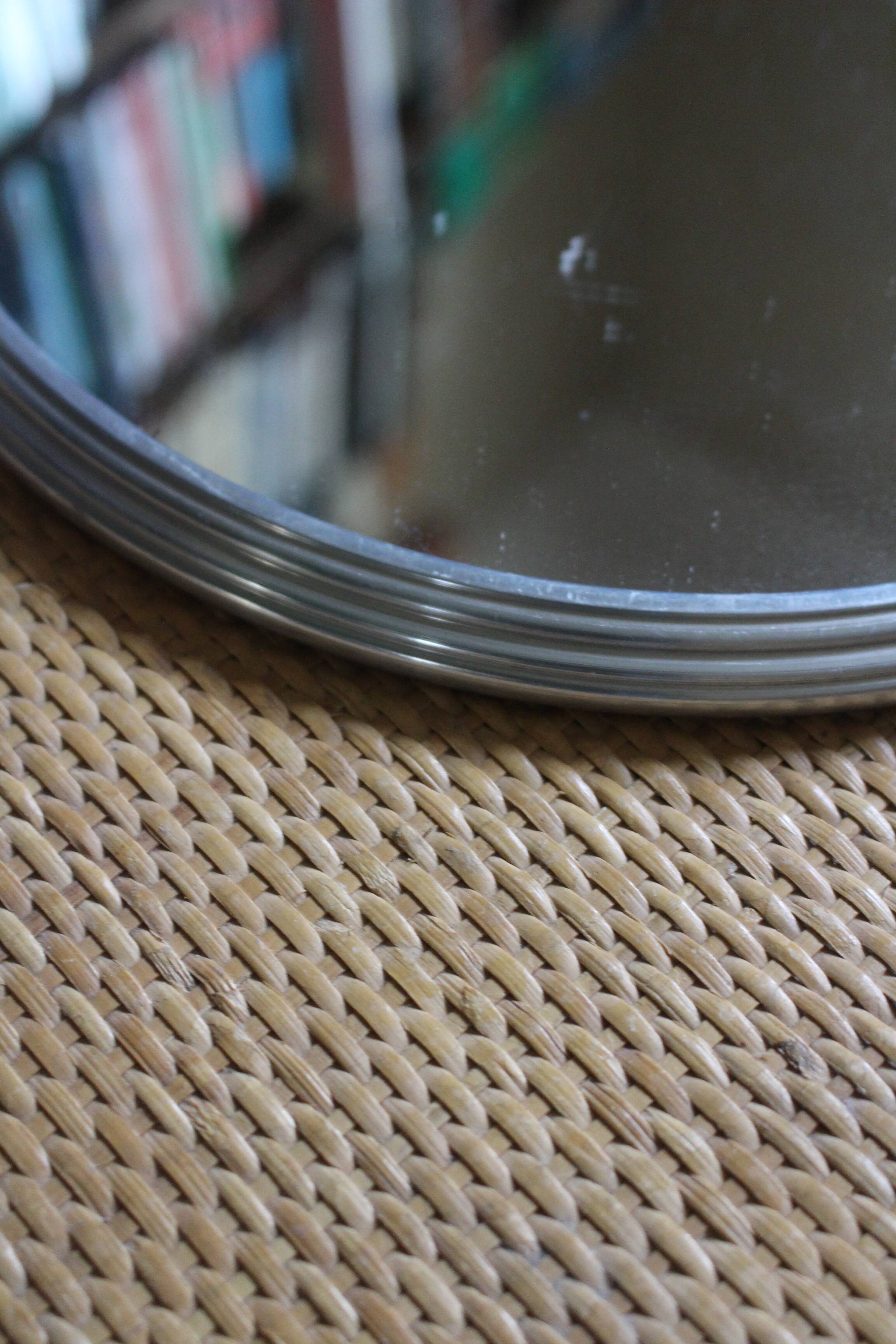 Round vintage gray metal mirror tray