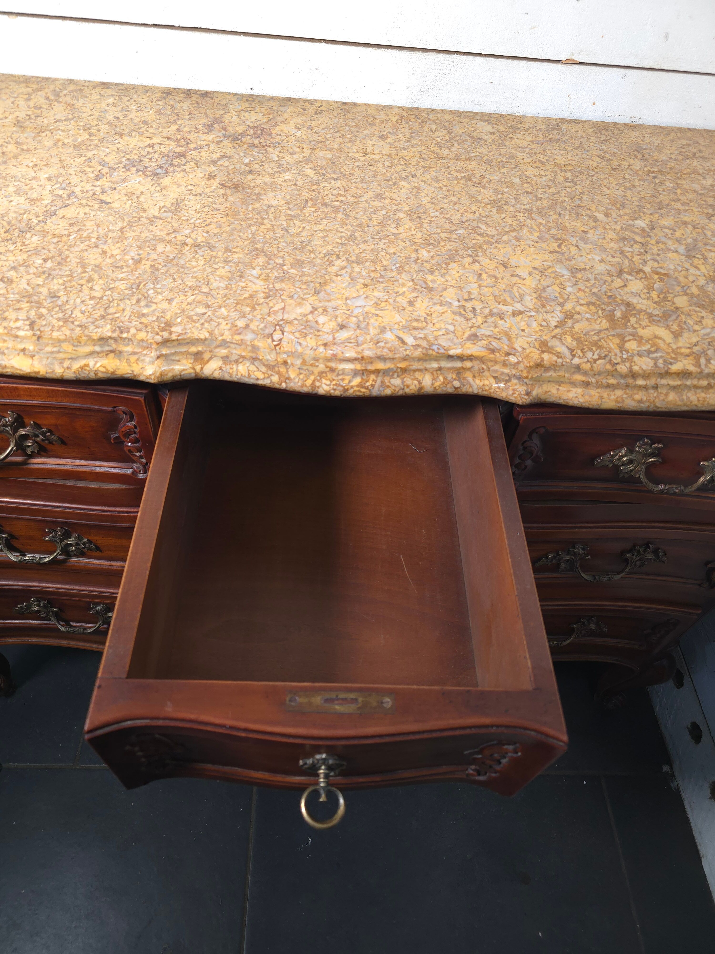 Crossbow commode in solid cherry wood, Louis XV style with marble top.