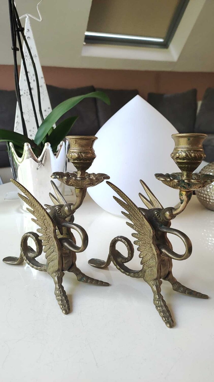 Pair of bougeoirs antiques dragons winged / chimeras / phoenix, style napoleon iii, 19th. in gilded bronze