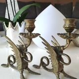 Pair of bougeoirs antiques dragons winged / chimeras / phoenix, style napoleon iii, 19th. in gilded bronze