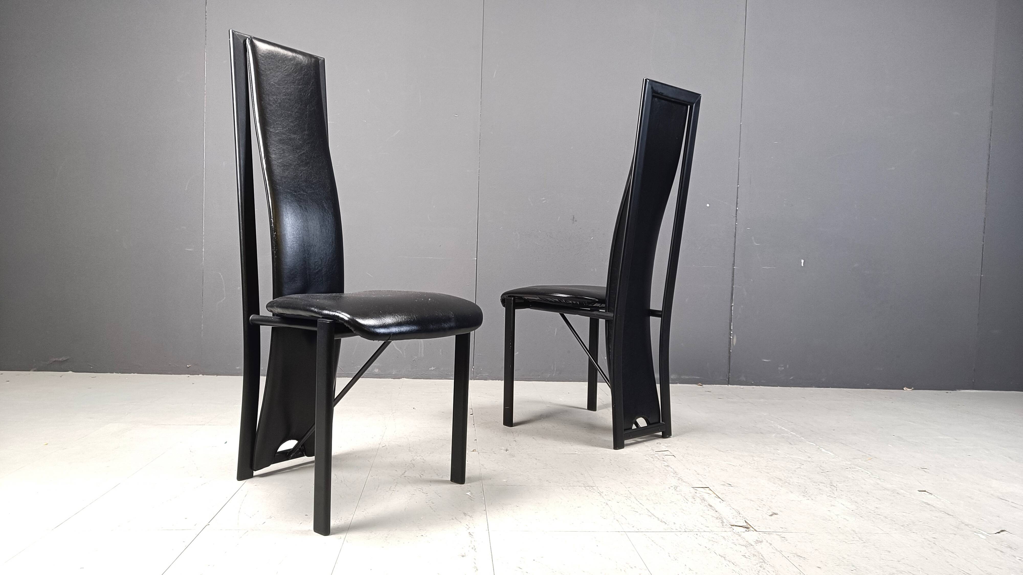 Chaises de salle à manger hautes en cuir noir vintage, lot de 6, années 1980