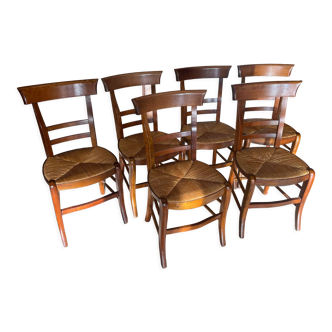 Set of 6 straw chairs style Directoire Solid cherry wood