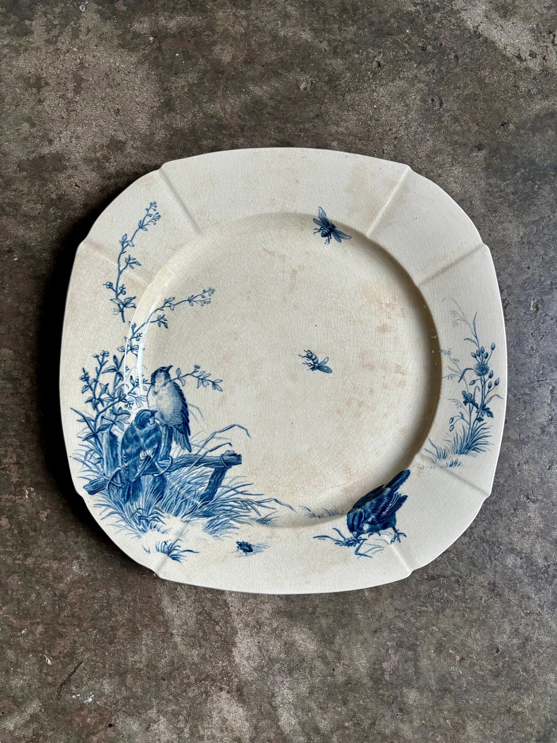 Square flat plate Gien in blue ironstone, service "Birds" around 1870.