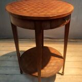 Round marquetry pedestal table with 2 shelves