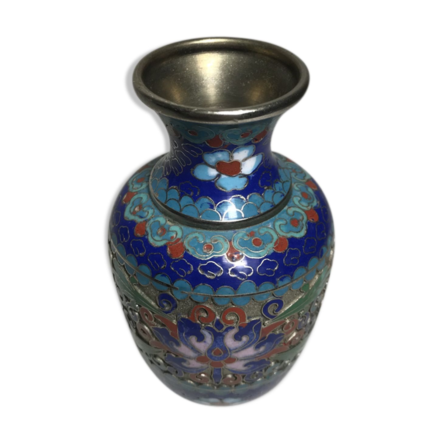Old Vase Cloisonne enameled flowers designs Metal Decoration Vintage #3