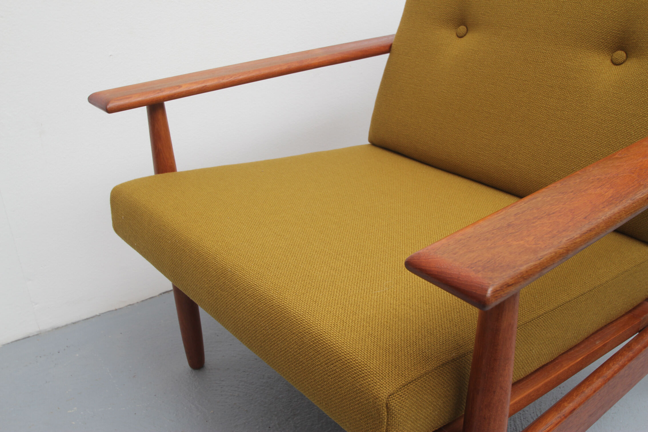 1960s armchair in teak, fabric mustard yellow