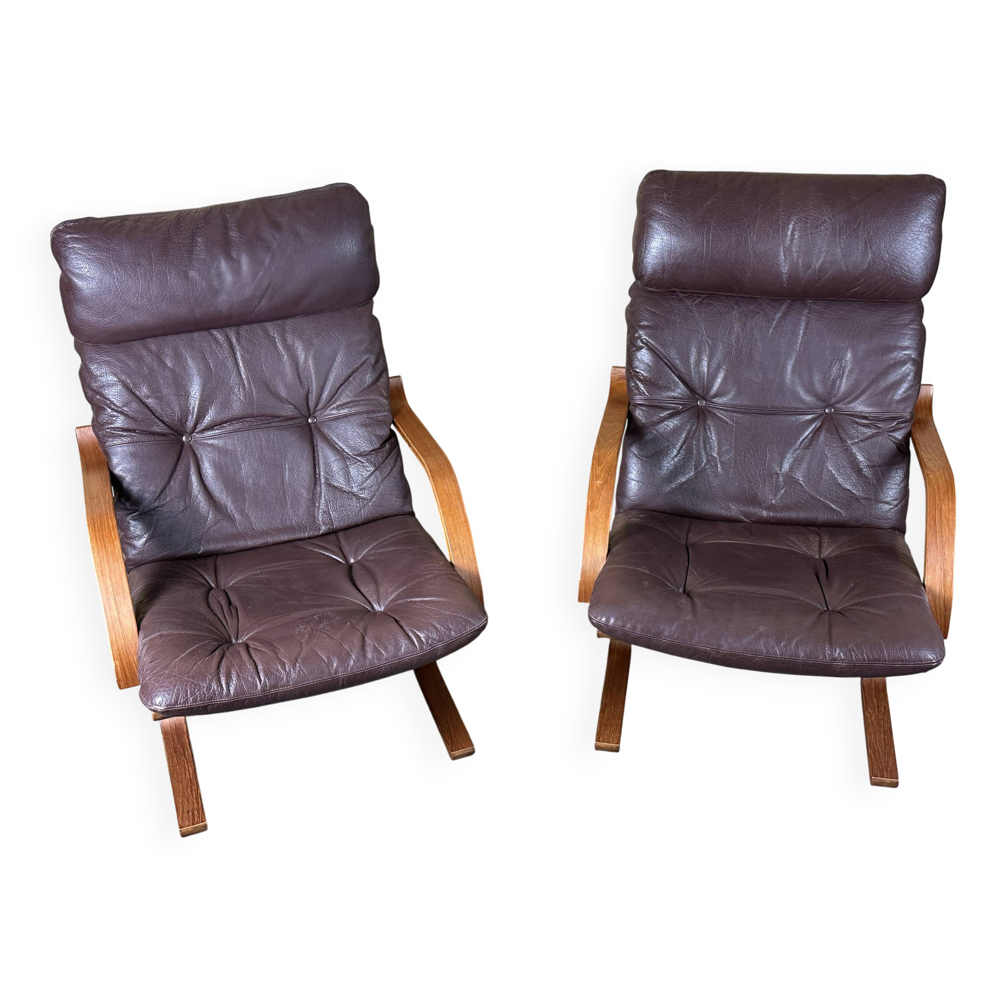 2x 60s 70s Easy Chair Leather Armchairs Westnofa Norway Mid Century