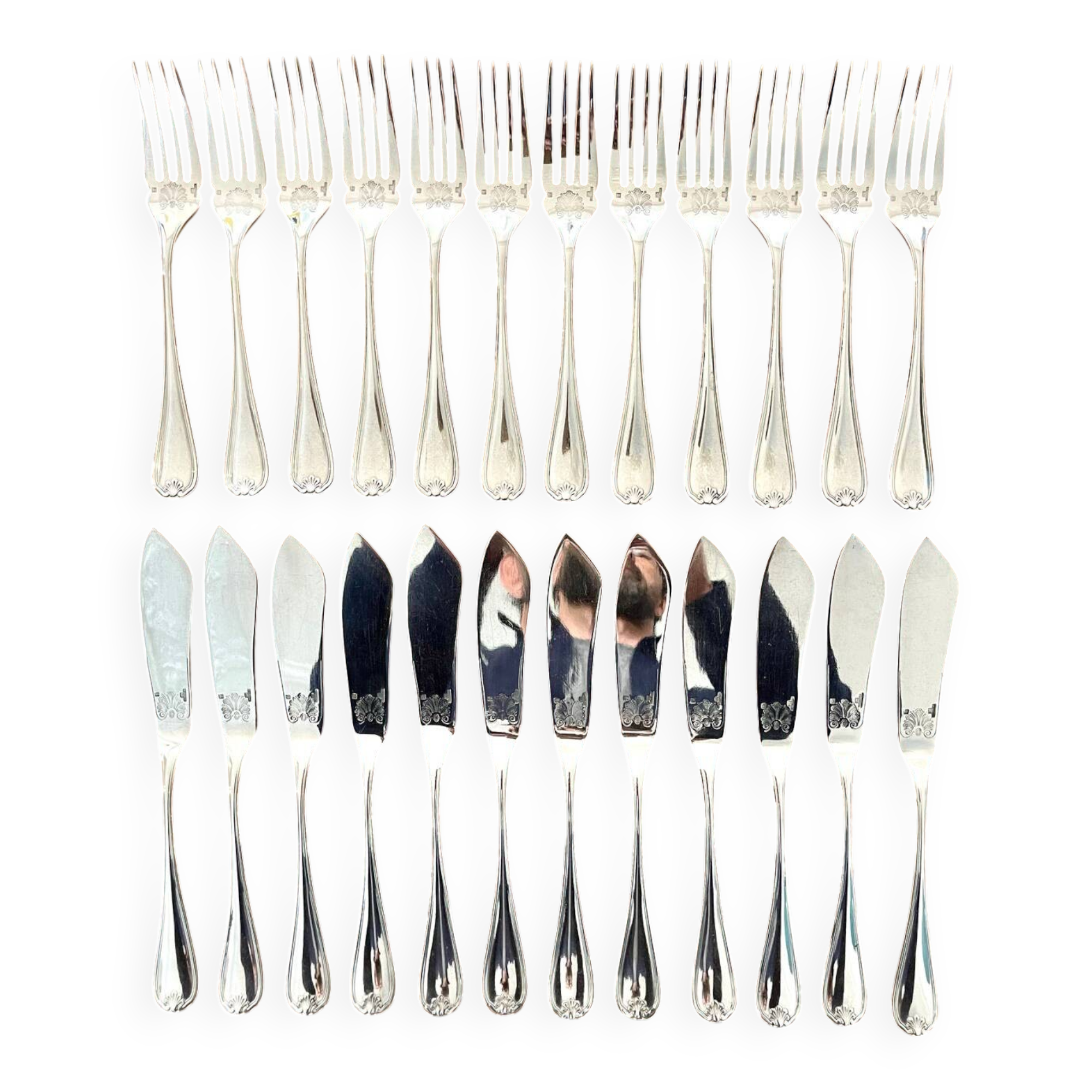 Christofle Marot Berain, 12 fish cutlery sets, shell decor