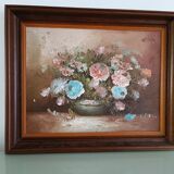Tableau peinture ancienne bouquet de fleurs dans son pot