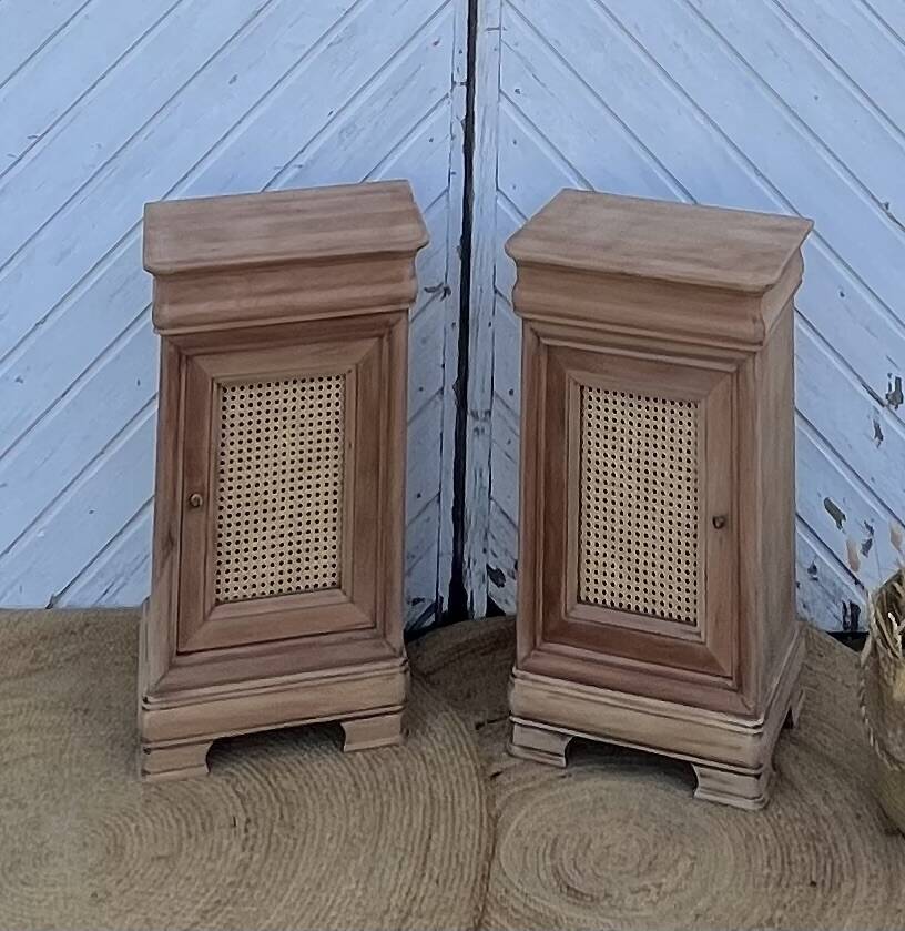 Pair of antique bedside tables / nightstands in raw wood and canework