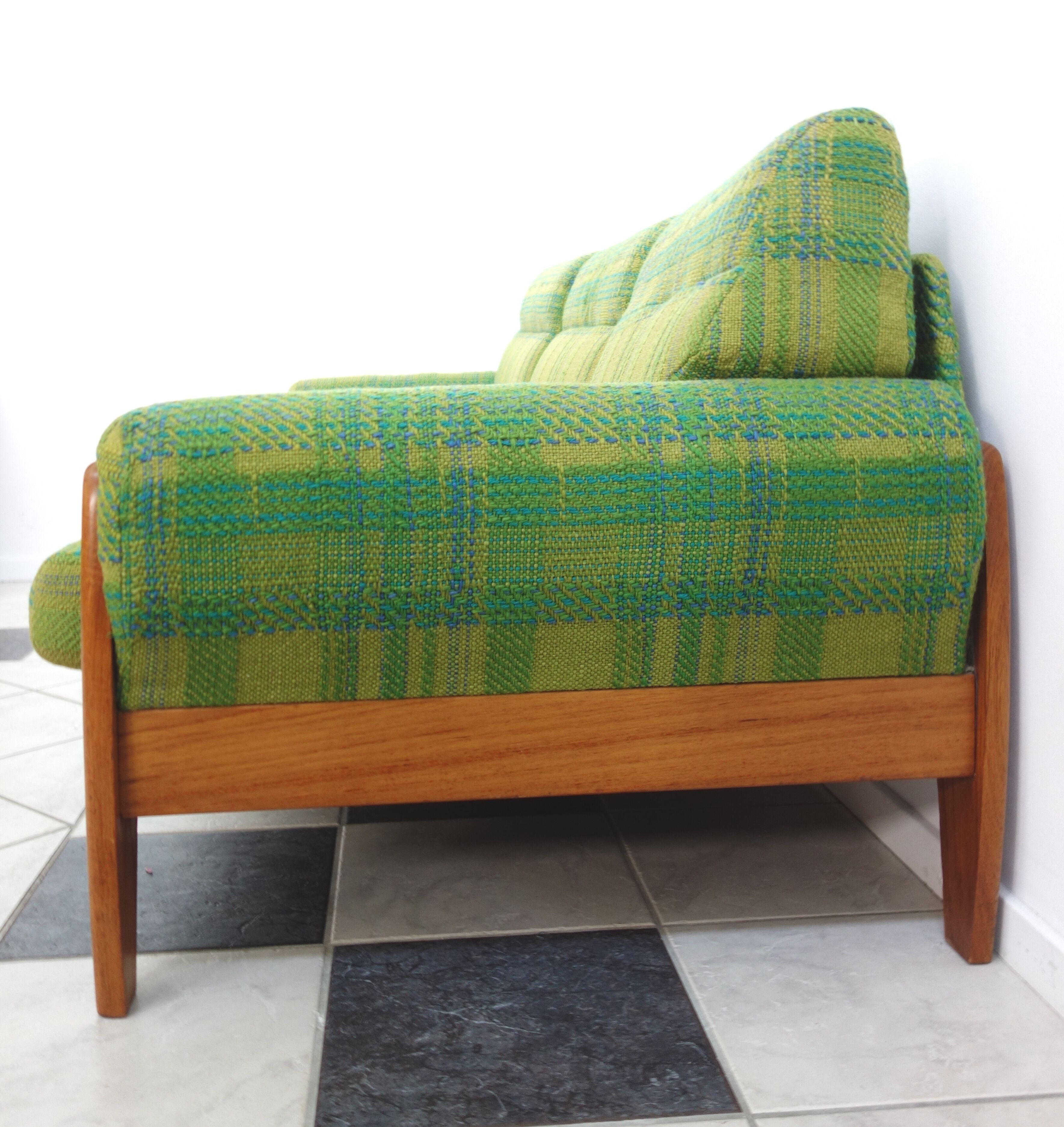 Green three seat sofa Teak frame