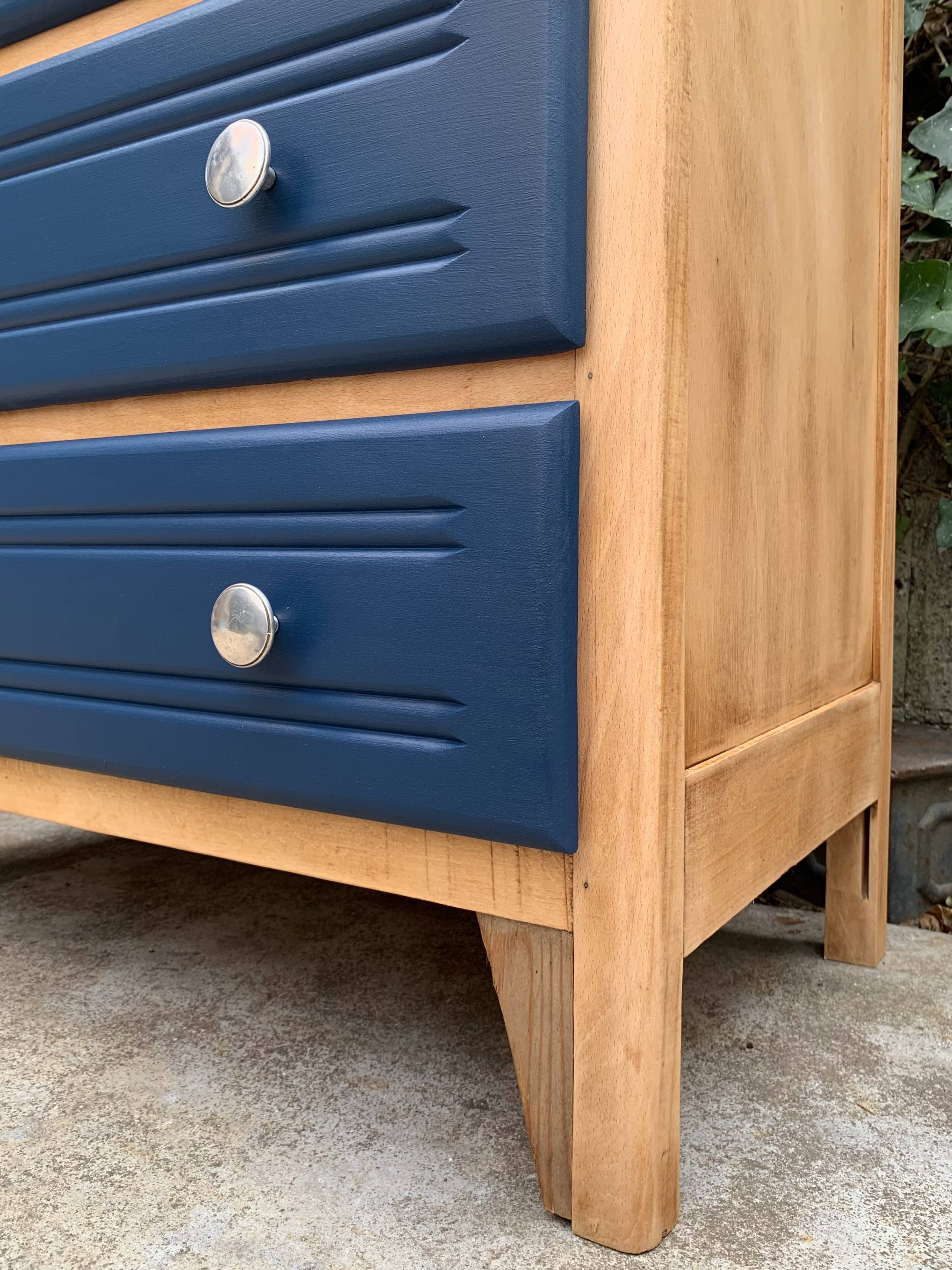 Art Deco chest of drawers in raw wood and blue, 1940