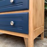 Art Deco chest of drawers in raw wood and blue, 1940