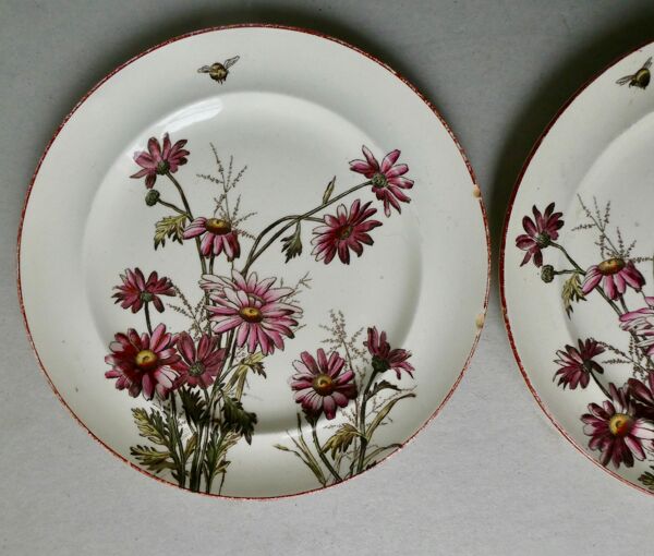 Set de 2 assiettes décor fleurs et abeilles, fin XIXème