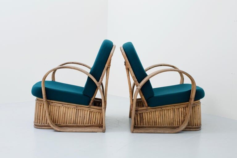 Set of 2 rattan chairs in green wool Italy 1950