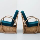Set of 2 rattan chairs in green wool Italy 1950