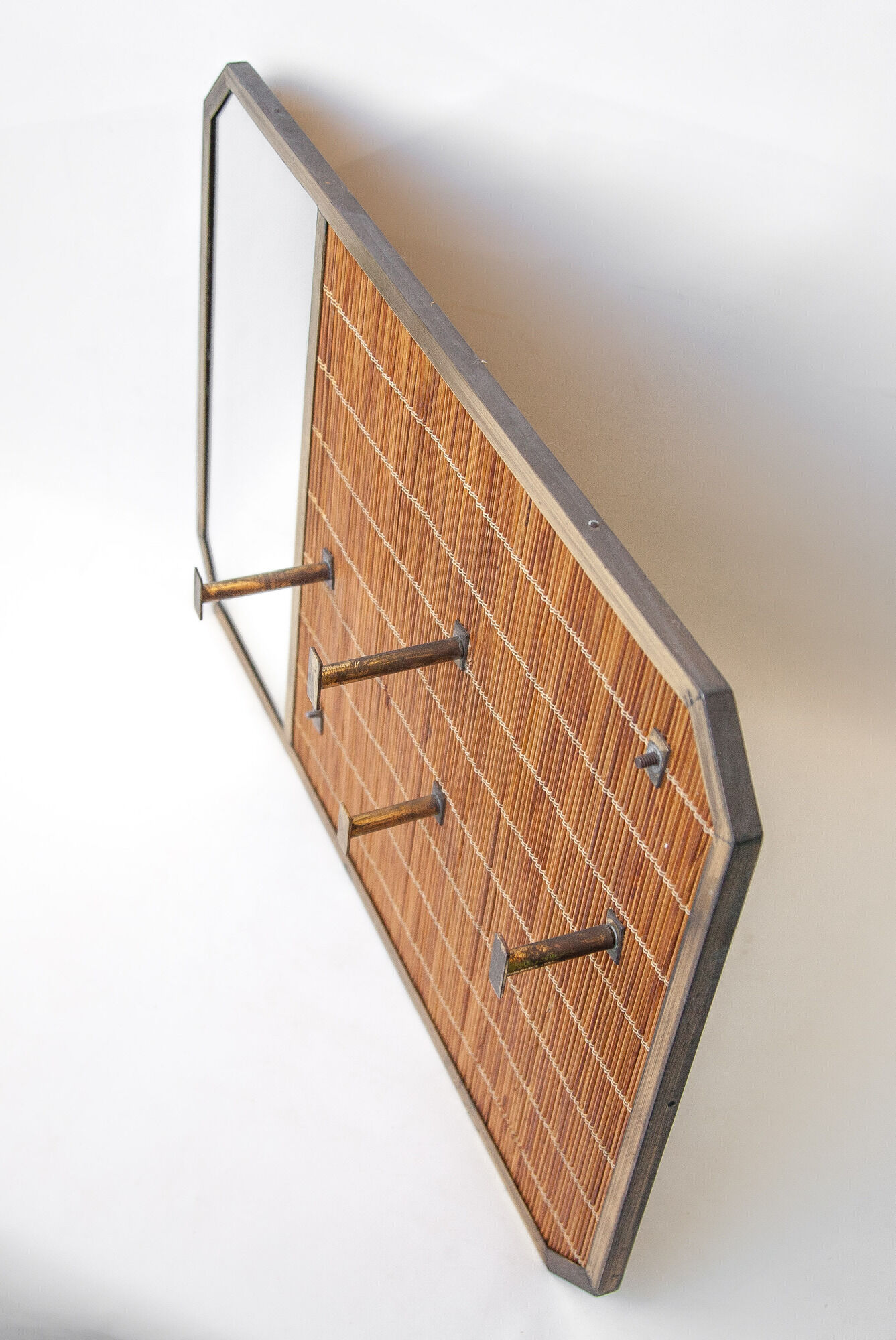 Vintage wicker coat rack with mirror and brass hooks