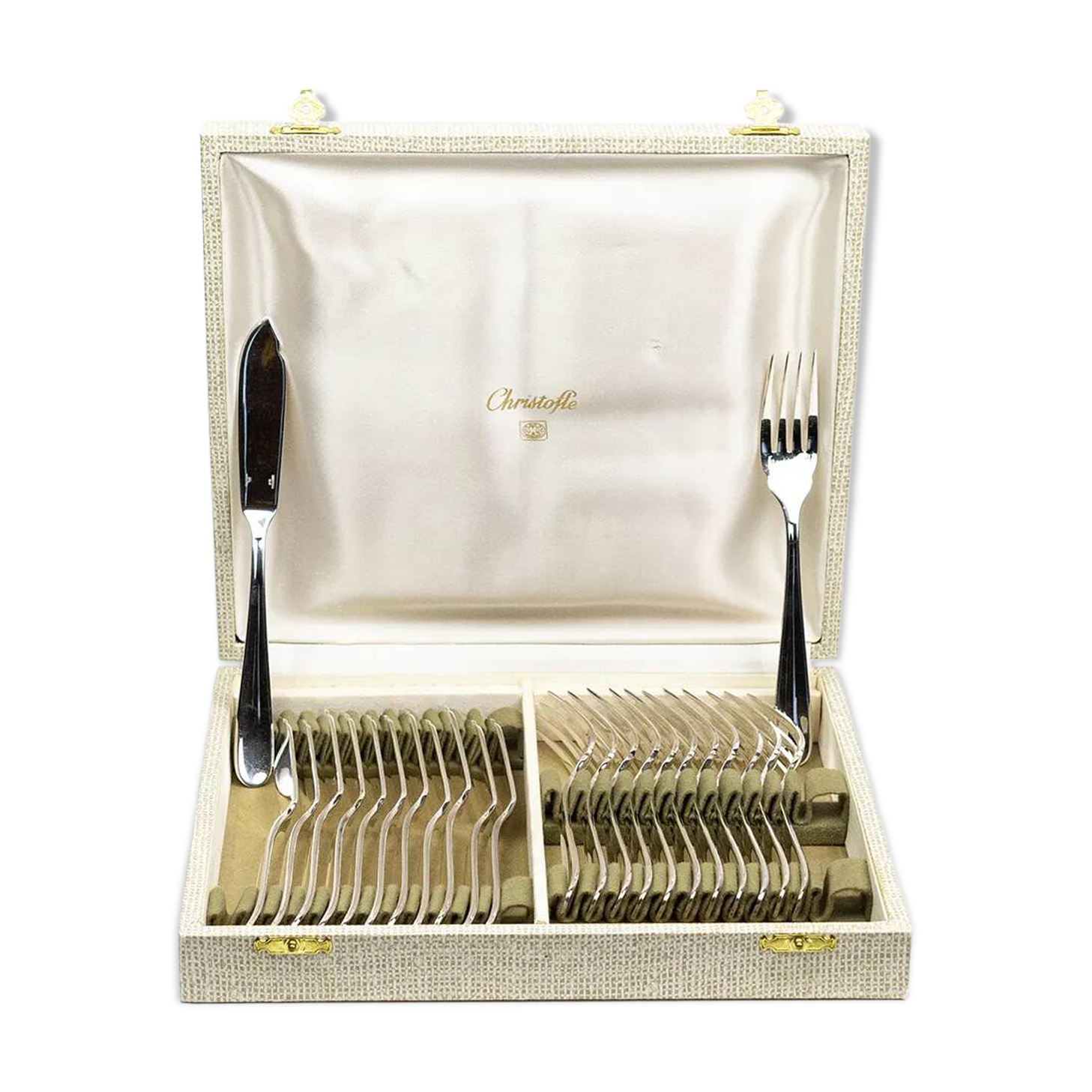 Christofle fish service for 12 — silver-plated metal, OC hallmarks, box