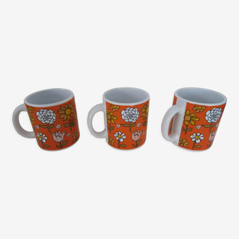 3 Mugs thick porcelain handle 1970 orange flowers Waechtersbach Germany