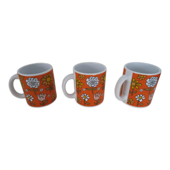 3 Mugs thick porcelain handle 1970 orange flowers Waechtersbach Germany