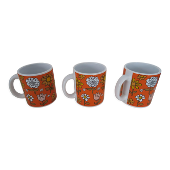 3 mugs porcelaine épaisse   à anse 1970 fleurs orange waechtersbach germany