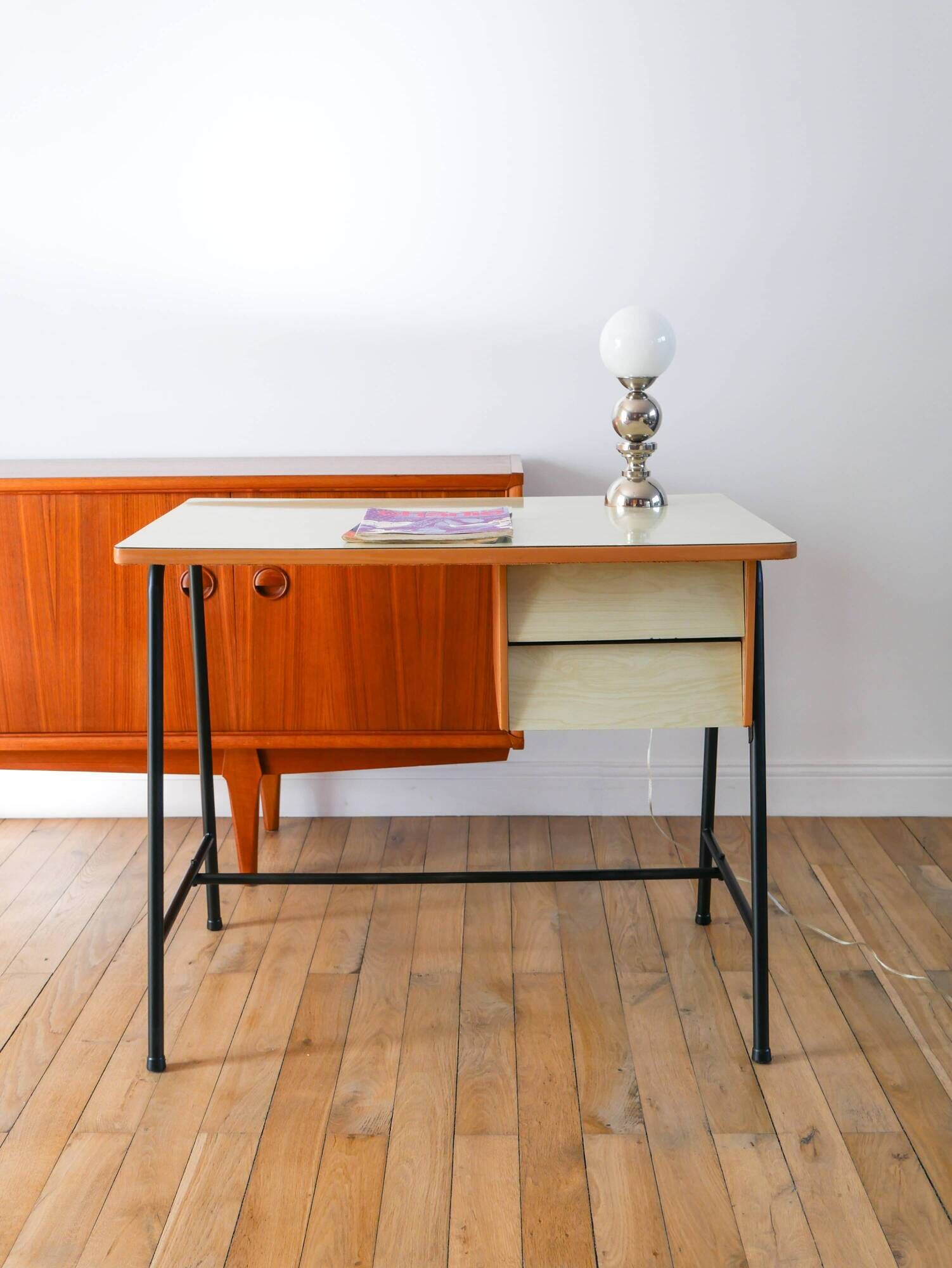 Formica, beech and black metal desk, Modernist Design, 1960