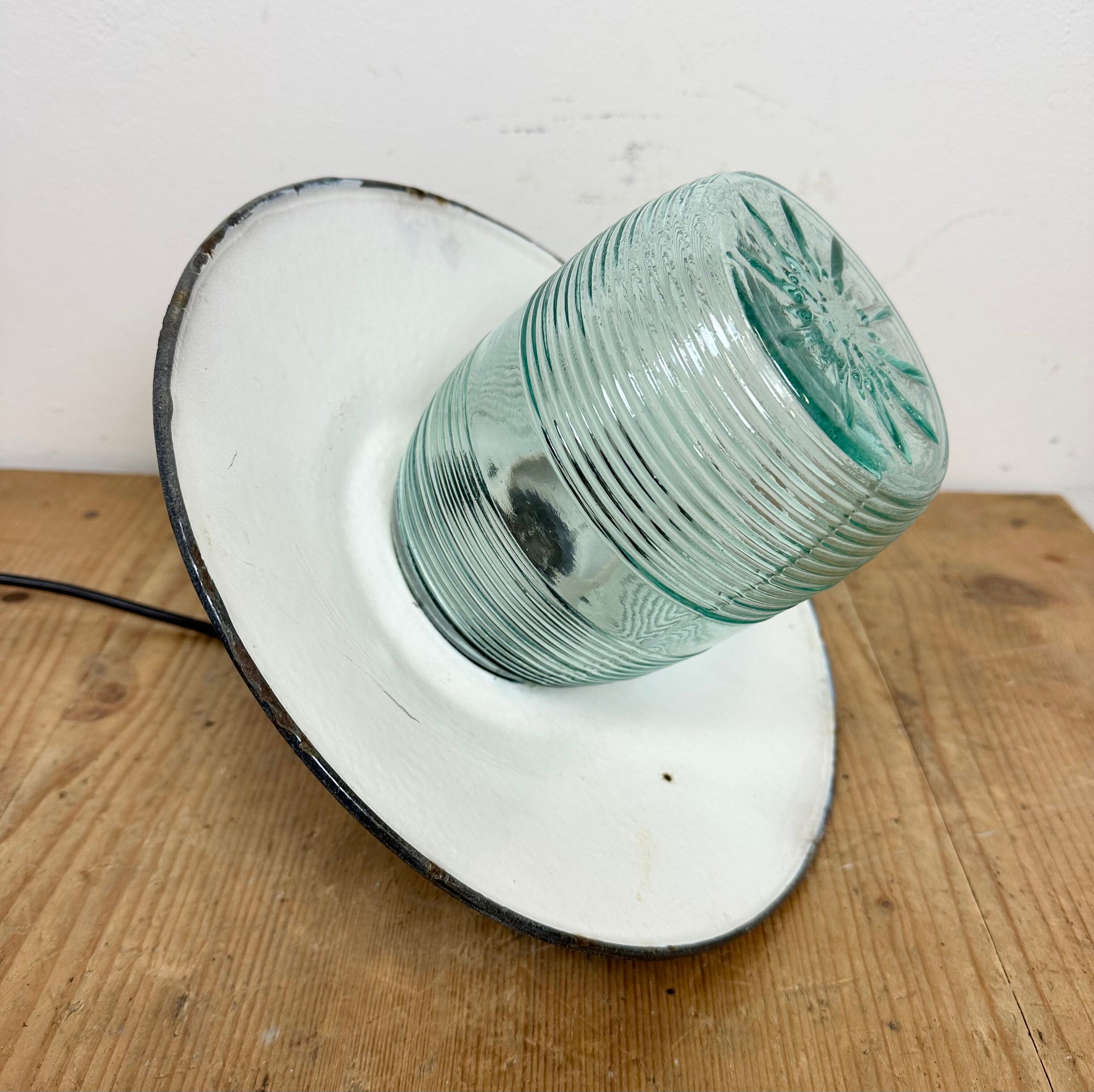 Industrial bakelite green enamel pendant light with ribbed glass, 1970s