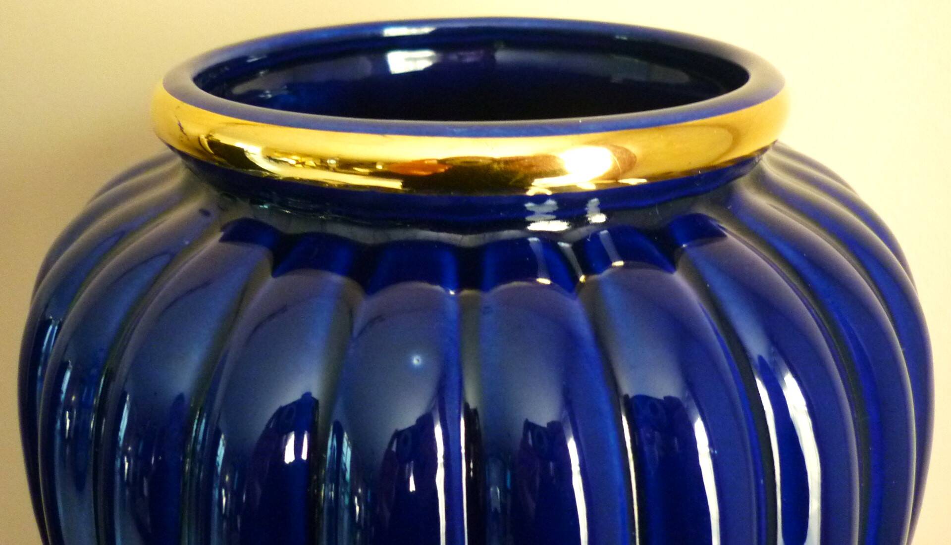 Vintage glazed ceramic vase, cobalt blue and gilt, Lancel Paris