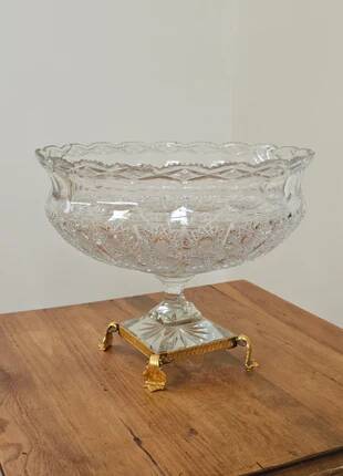 Cut crystal bowl on a brass base in bohemian style.