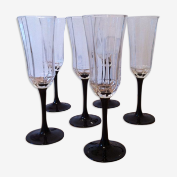 Set de 6 flûtes à champagne octogonal Luminarc pied noir année 70