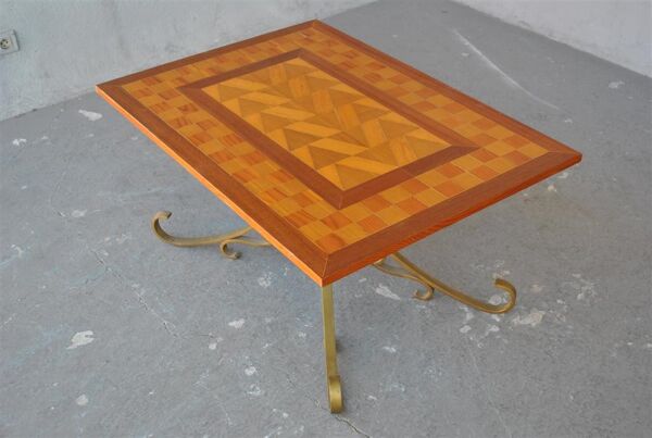 Table basse bois et fer forgé doré style 1940