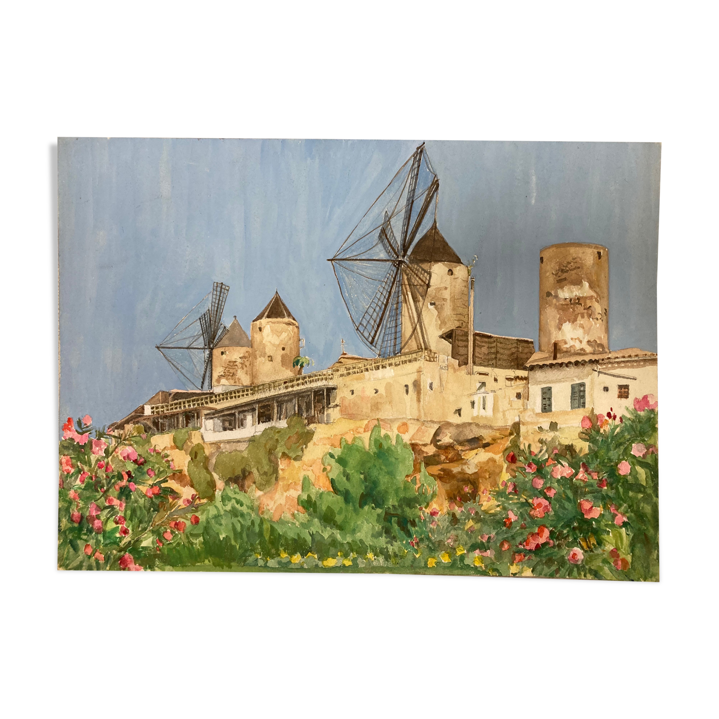 Watercolor landscape with vintage mills