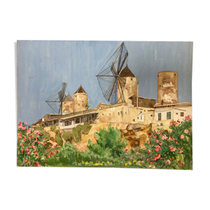 Aquarelle paysage aux moulins vintage