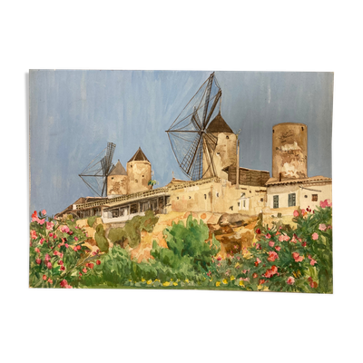 Aquarelle paysage aux moulins vintage