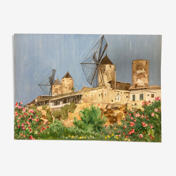 Watercolor landscape with vintage mills