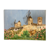 Aquarelle paysage aux moulins vintage