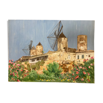 Watercolor landscape with vintage mills