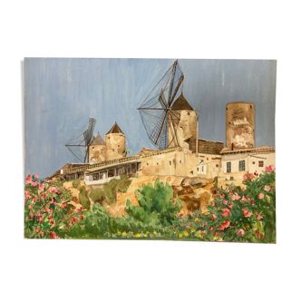Watercolor landscape with vintage mills