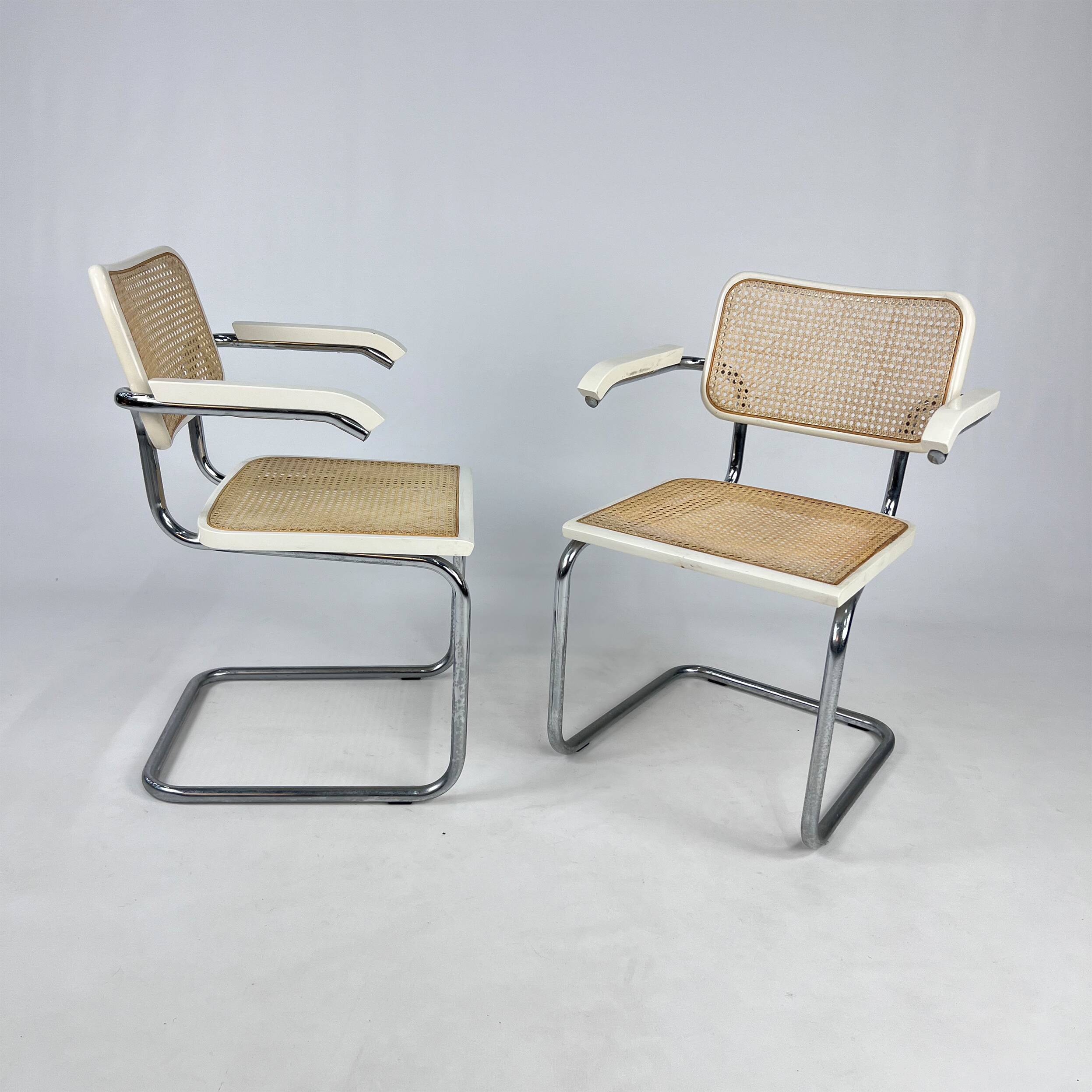 Set of 2 Tubular Frame and Cane Cantilever Arm chairs, Italy, 1970s