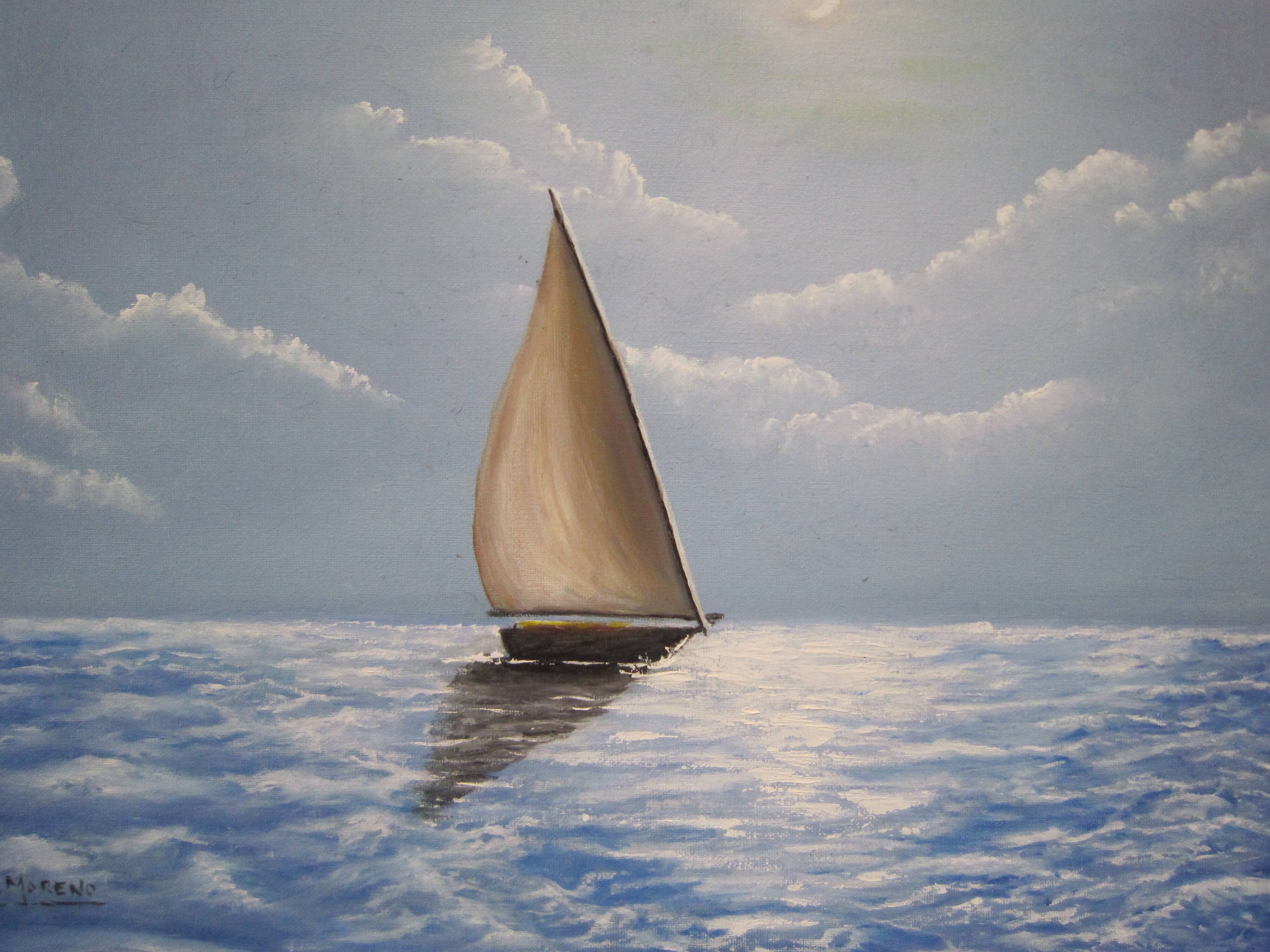 Peinture huile sur toile marine voilier en mer signée Moreno José