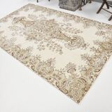 6x9 Ft Ecru-cream vintage rug, Floral design cream and brown rug.