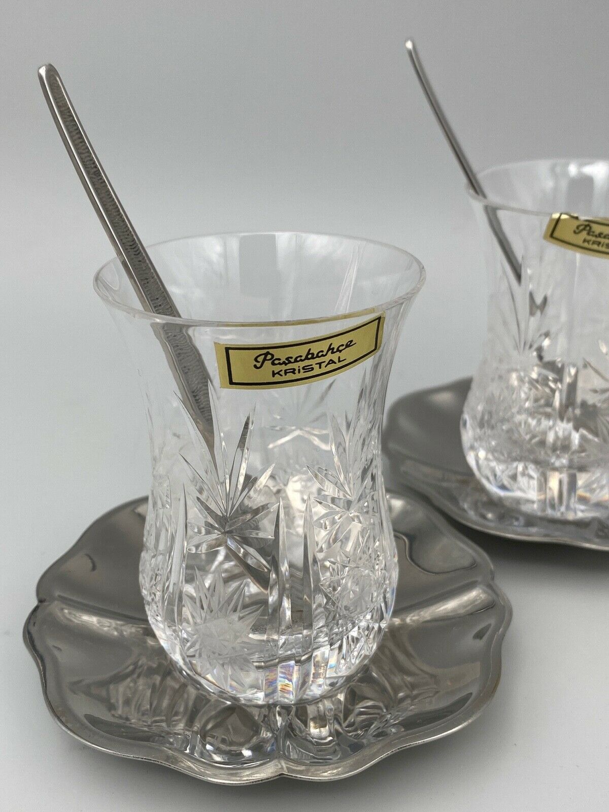 6 GLASSES A THE TURKISH CRISTAL PASBACHE UNDER CUP SPOONFULS JUMBO STAINLESS STEEL 18/8