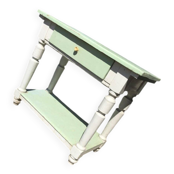 Rustic wooden dining table painted white and pale green, with a central drawer, 1950s.