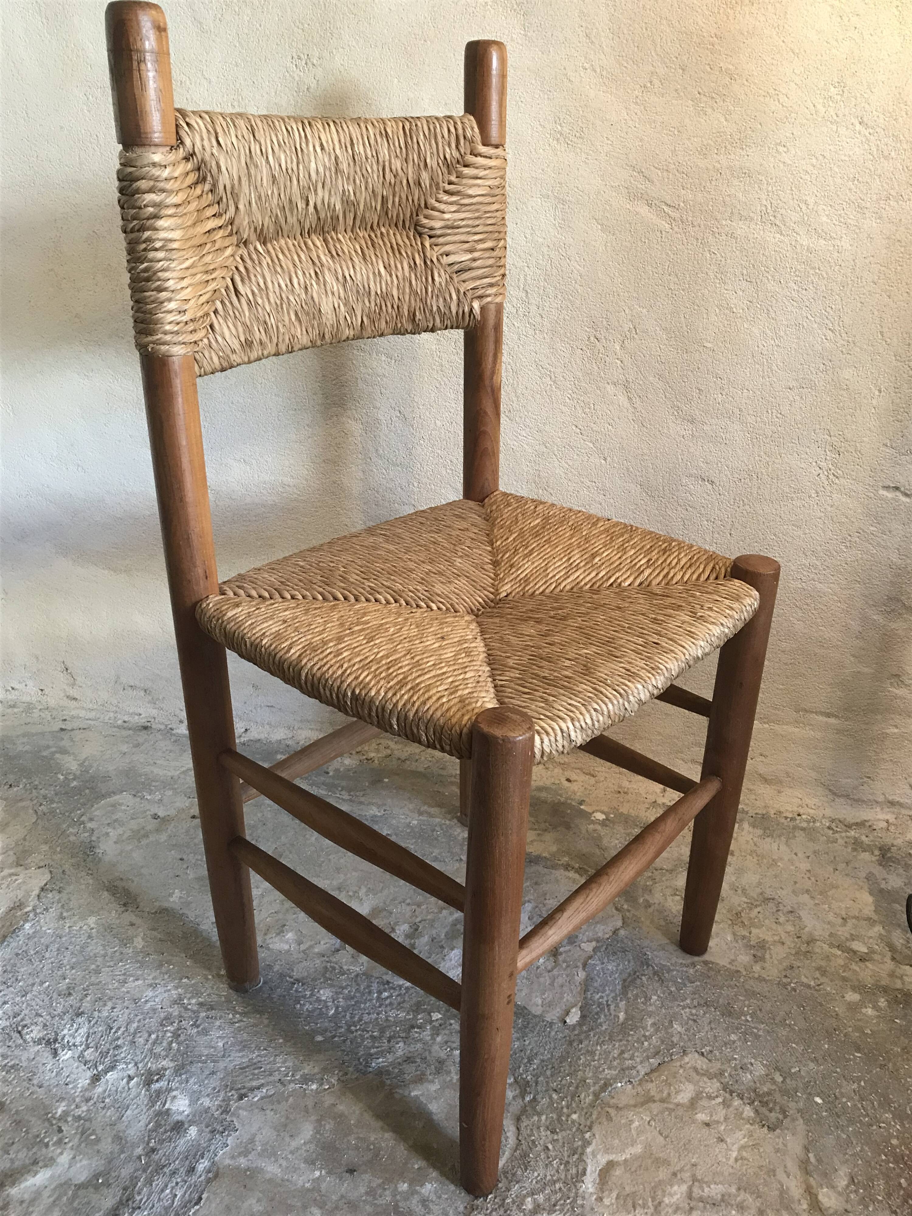 Brutalist vintage beech chair and mid-century straw