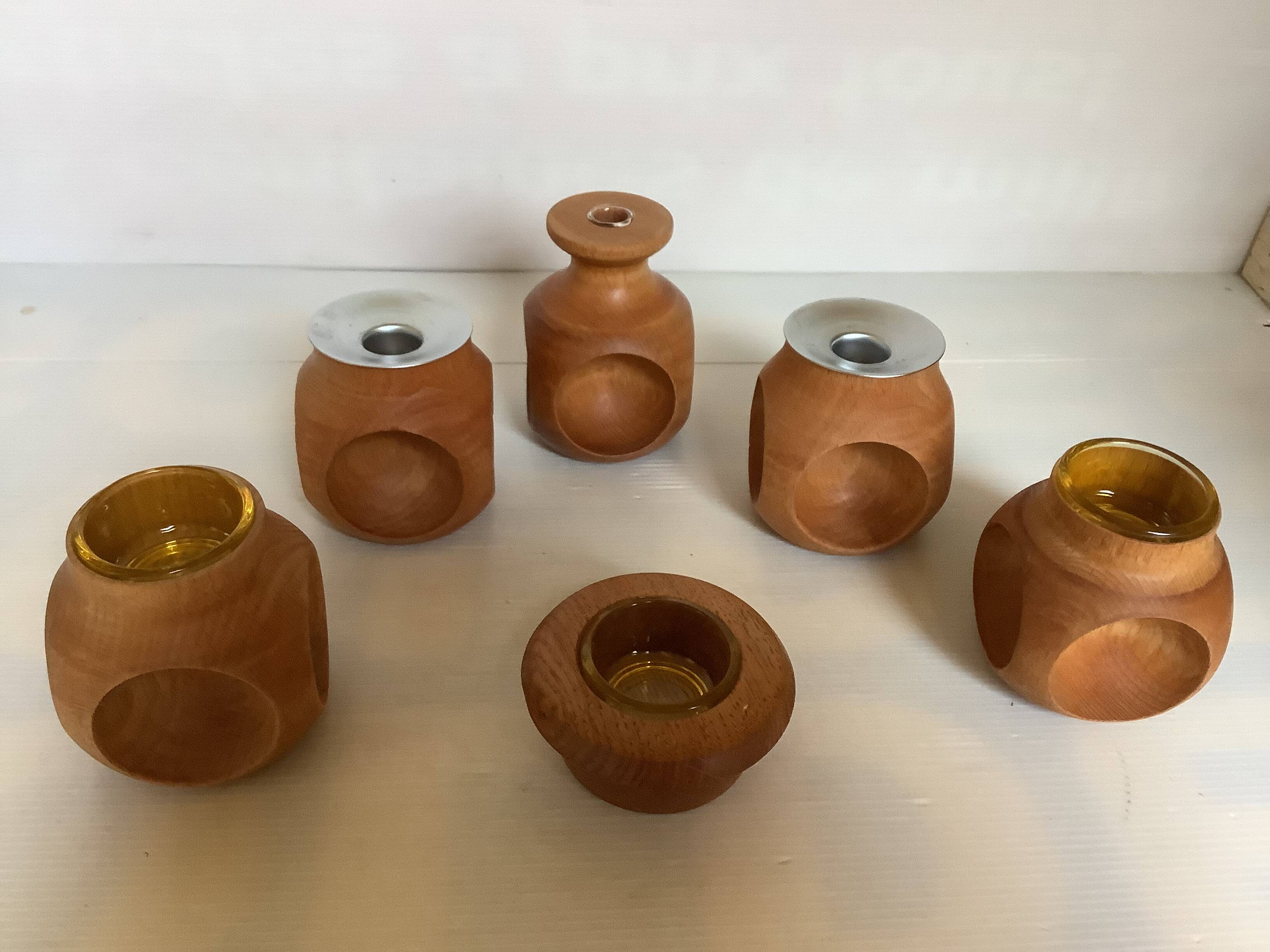 6 candle holders and a wooden vase Nopjes woodturning handmade
