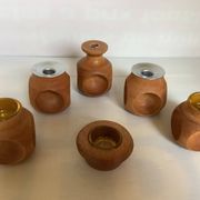 6 candle holders and a wooden vase Nopjes woodturning handmade