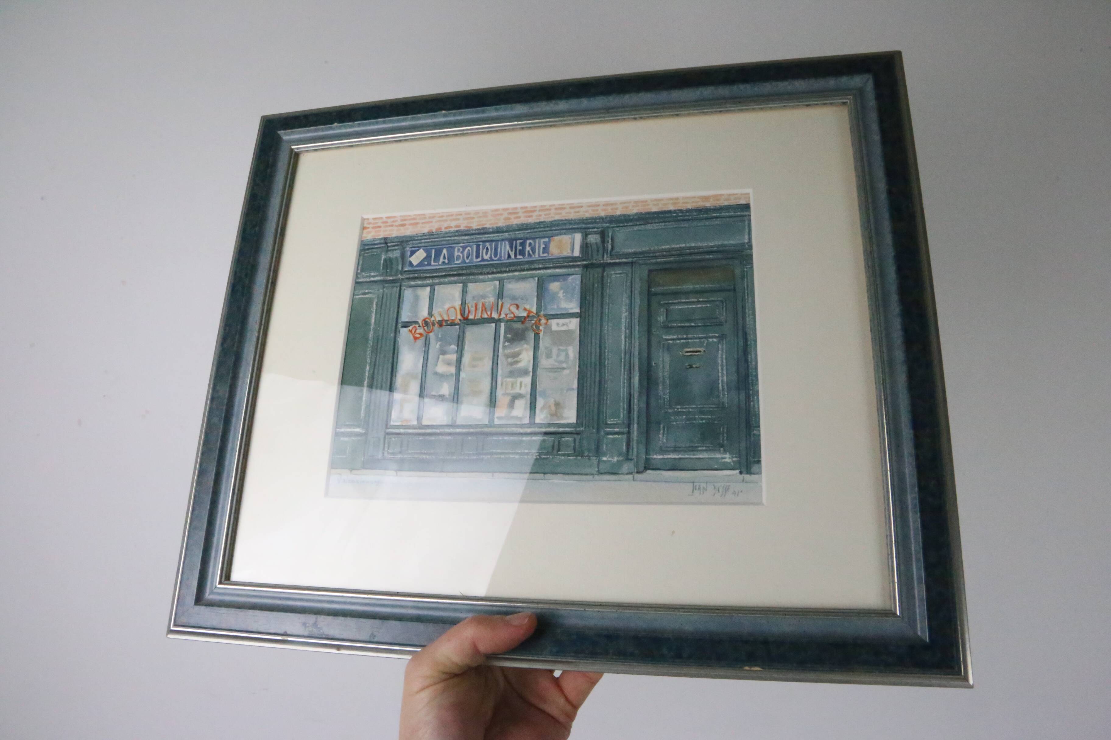 Watercolor 'The Bookstore' by Jean Desse, 1991