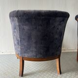Pair of vintage barrel chairs in blue-grey velvet - 1950s/60s